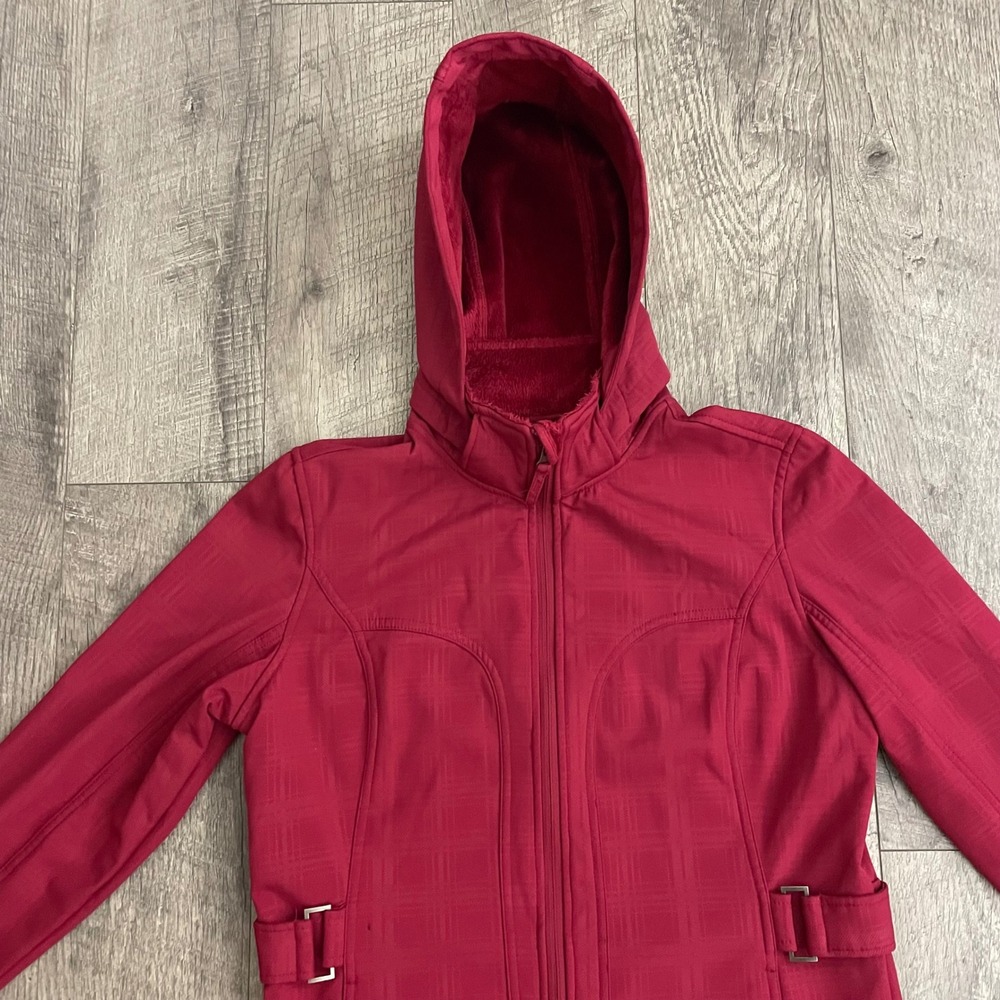 IZOD PerformX Womens Red Plaid Hooded Softshell Jacket Fleece Lined Size S - Picture 4 of 11